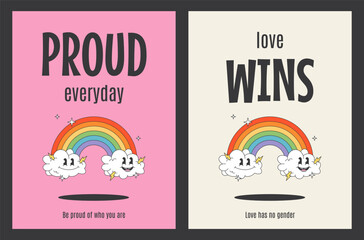 Y2k groovy posters with cute cartoon characters. Lgbt colors rainbow and clouds in retro style for Pride Month. Love wins - obrazy, fototapety, plakaty