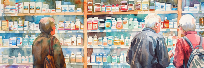 Obraz premium A painting depicting two individuals standing in front of a store building, possibly engaged in conversation or looking at the displayed products
