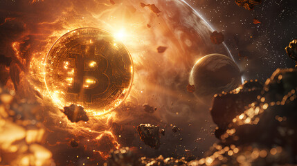A cosmic event where planets align in the shape of the Bitcoin symbol, illustrating the universal impact of cryptocurrency on finance, Finance Banking Financial Business - obrazy, fototapety, plakaty