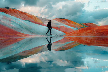 silhouette of a traveler walking on an abstracted wetland terrain among colored hills against a cloudy sky