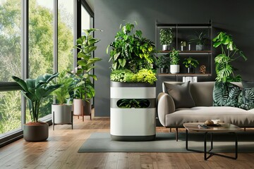 modern smart indoor garden appliance bringing nature into the contemporary living room 3d product rendering - obrazy, fototapety, plakaty