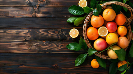 Different fresh citrus fruits and leaves in wicker basket