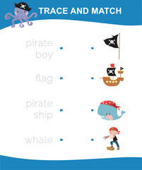 Trace and matching words with images. Educational printable worksheet. Writing the letters in English. Kids educational game