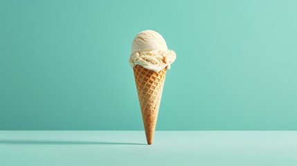 Vanilla ice cream cone melting on turquoise backdrop