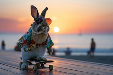 Cool rabbit on skateboard at beach boardwalk during sunset