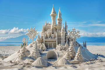 Majestic sand castle with snowflake trees on sunny beach