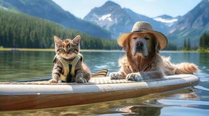 Cat and dog on paddleboard in life jackets on calm lake