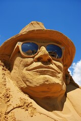 Sand sculpture of man with sunglasses and hat on beach