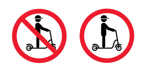 Stop, no ride on a bike or step on street or road. Forbidden bicycles sign. City bicycle icon. electric scooter biker. Cyclist on E scooter logo. Modern ecology vehicle. Vector ebike. No ban signboard