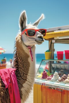 Naklejki Stylish llama wearing shades at sunny beach ice-cream stand