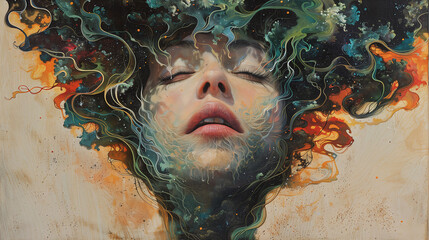 Surreal painting of a woman's face with vibrant, swirling colors emanating from her head, blending elements of fantasy and realism.