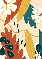 Flowers and leaves in tropical pattern with strokes, circles, wavy lines vector illustration