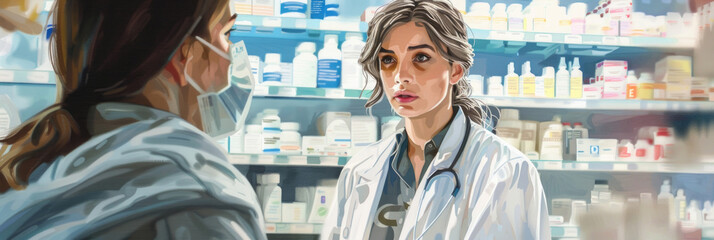 Two women wearing white lab coats engaged in a conversation in a laboratory setting - obrazy, fototapety, plakaty