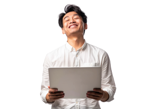 Smiling East Asian Man with Laptop