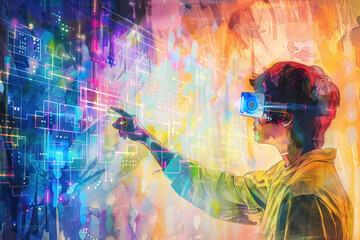 Watercolor man immersed in virtual reality experiences while wearing high-tech glasses