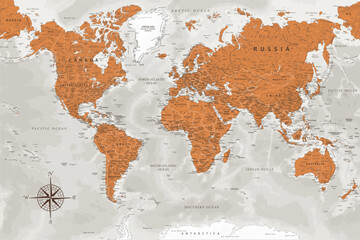 World Map - Highly Detailed Vector Map of the World. Ideally for the Print Posters. Terracotta Brown Orange Colors. With Relief and Depth - obrazy, fototapety, plakaty