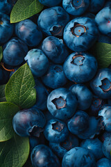 Pile of electric blueberries, a superfood, with green leaves on table - obrazy, fototapety, plakaty