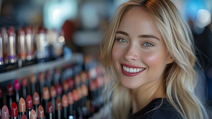A photo of a blond woman smiling as she chooses lipstick from an array of shades displayed on a glamorous makeup table