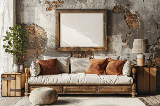 A mockup poster frame 3d render in a salvaged chest, above a modern futon, basement, Scandinavian style interior design, hyperrealistic
