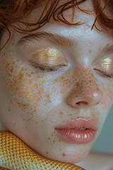Fototapeta premium portrait of woman with freckles and glitter makeup and a snake near her face golden teal tones
