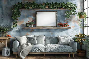A mockup poster frame 3d render in a rustic shelf unit, above a cozy loveseat, den, Scandinavian style interior design, hyperrealistic