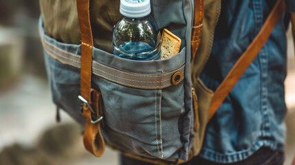 A close-up of a school bag's side pocket, holding a water bottle and a snack for the day.