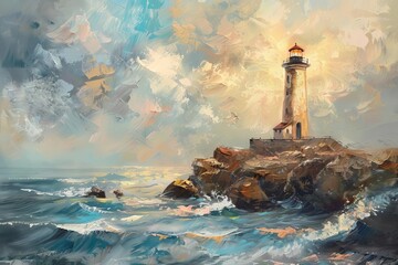 nostalgic vintage lighthouse on rocky coast seascape oil painting