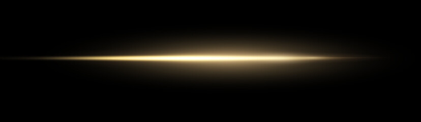 Gold horizontal lensflare. Light flash with rays or gold spotlight and bokeh. Yellow glow flare light effect. Vector illustration. Isolated on dark transparent background.