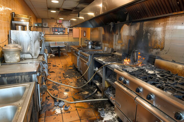 Damaged kitchen after a fire in a diner with burnt equipment.