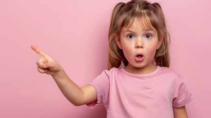 Enthusiastic girl pointing on pastel background with ample space for text placement