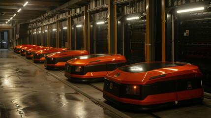 A fleet of orange automated guided vehicles ready for operation in a modern logistics center