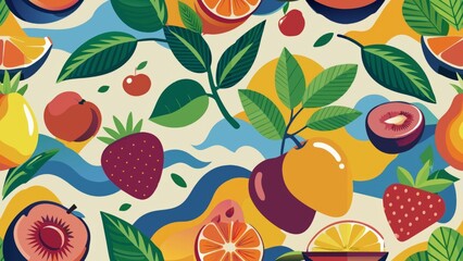 Colorful vector illustration of fruit and leaf seamless pattern background