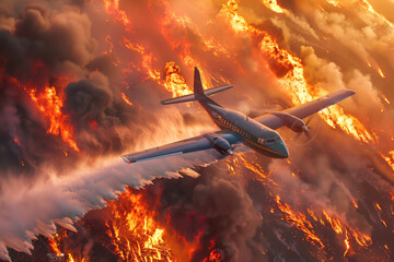 Air tanker releasing retardant over a raging wildfire. - obrazy, fototapety, plakaty