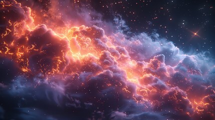 A network of 3D clouds connected by lightning bolts, representing data transfer, dark stormy theme