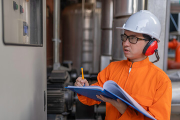 Young engineer working at large factory,Technician in protective uniform and with hardhat  checking temperature in pipes