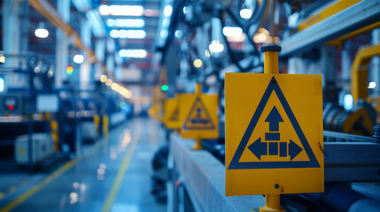 Close-up of a safety warning sign in an industrial factory setting with machinery and yellow hazard stripes.