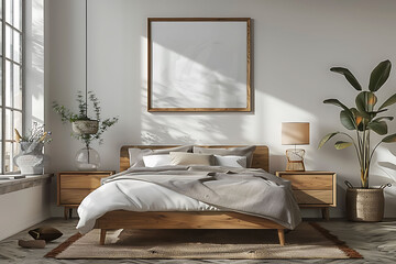 A mockup poster frame 3d render in a retro chest drawer, above a modern bed, bedroom, Scandinavian style interior design, hyperrealistic