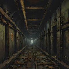 a dilapidated subway station, where rusted metal and pulsating organic matter merge into a horrifying amalgamation - obrazy, fototapety, plakaty