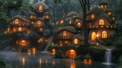 Enchanting nighttime view of a whimsical village with rounded, thatched-roof houses nestled in a lush, misty forest. Illuminated windows and a gentle waterfall add to the magical ambiance.