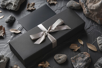 Elegant black gift box with satin ribbon on textured background.