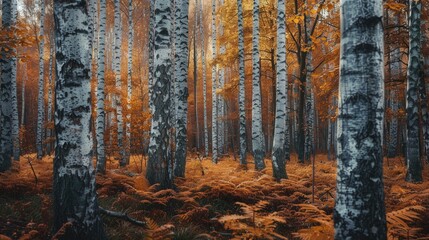 Autumn forest showcasing birch tree trunks - obrazy, fototapety, plakaty