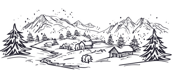 a black and white drawing of a snowy landscape