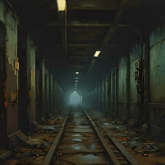 Fototapeta premium a dilapidated subway station, where rusted metal and pulsating organic matter merge into a horrifying amalgamation