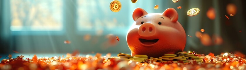Animated 3D gold coins falling into a piggy bank, concept of saving and investment