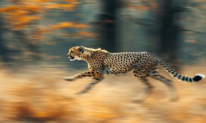 Intense moment as a cheetah dashes fiercely, its powerful muscles flexing with each stride, against a blurred forest backdrop, exemplifying wild agility