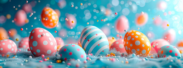 Fototapeta na wymiar Colorful Easter eggs with polka dots and stripes flying through the air on a blue background