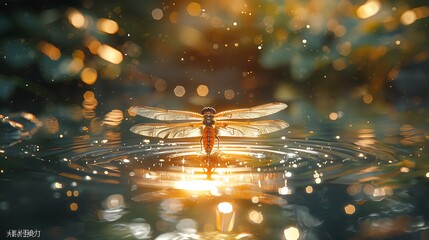 Focus on the shimmering surface of a sunlit pool as a dragonfly skims across, leaving behind a trail of ripples and reflections that distort and blur the surrounding scenery.