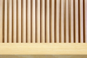 Wooden table with slat wall background, Suitable for Product Presentation Backdrop, Display, and Mock up.