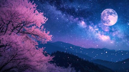 Naklejka na ściany i meble Beautiful cherry blossom (sakura flowers) with Milky Way star in night skies; full moon - Retro style artwork with vintage color tone