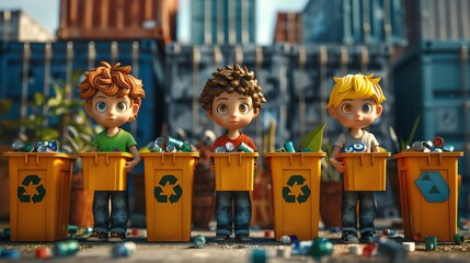 3D cartoon image of kids engaging in a recycling workshop outdoors, learning about sustainability and environmental care - obrazy, fototapety, plakaty